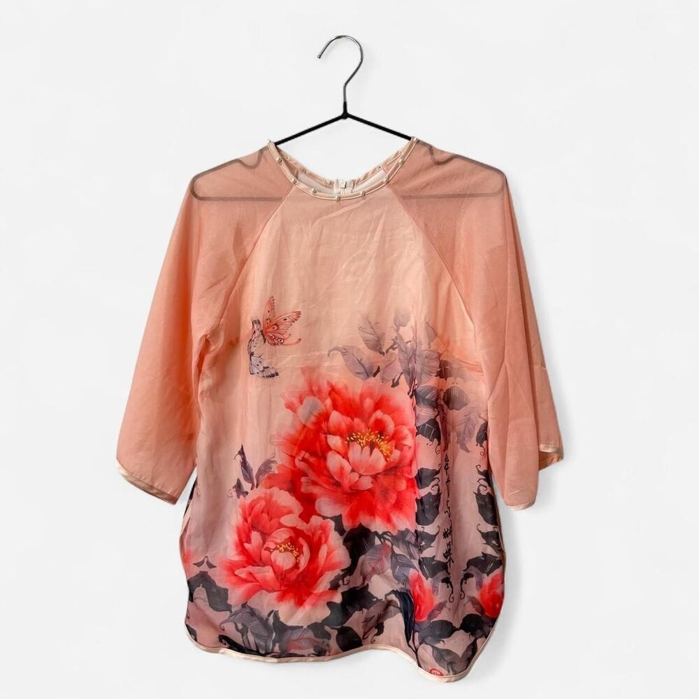 Pearl beaded whimsical Pink floral print mesh blouse